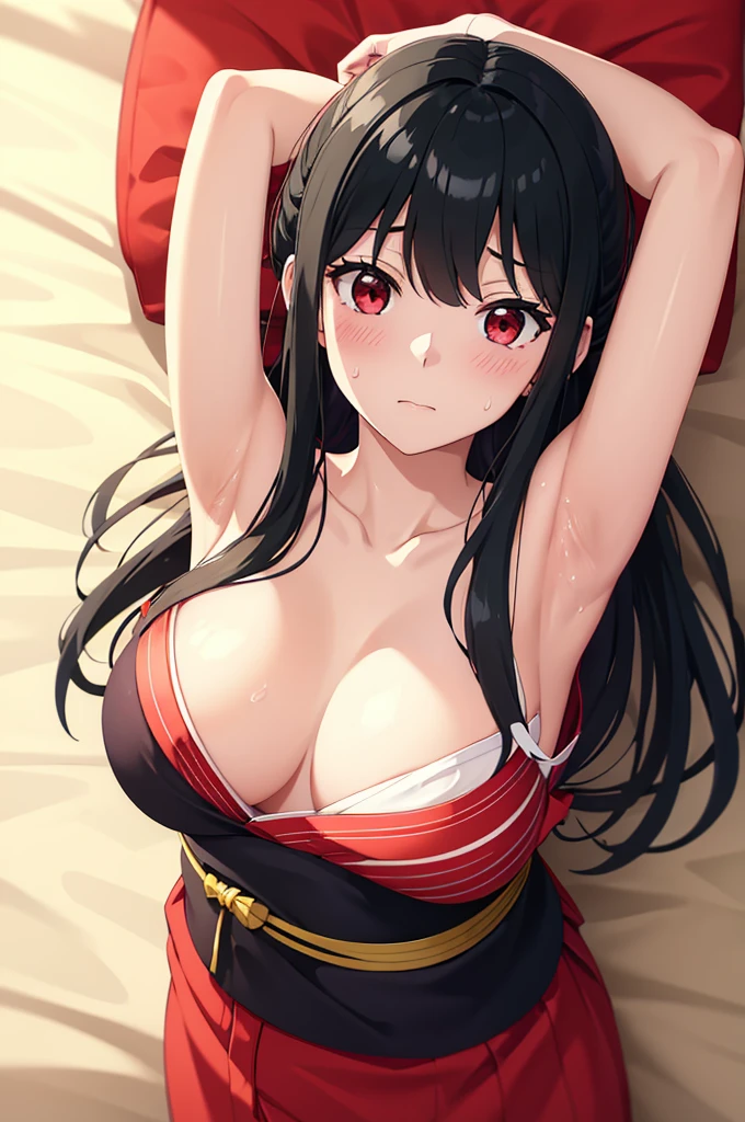 Highest quality、Best image quality、Ultra-high resolution、Ultra-high resolutionで描画、Red yukata、Lie face up on the futon、Disheveled yukata、Unraveled Strip、Sweat、The clavicle is visible、Bright red yukata、White underwear、Beautiful black hair、Red eyes、Long Hair、looking at the camera、Eye highlights、Sweatだく、Fold your arms above your head、Raise your arms、Raise your arms to show your sides、On the futon、Lying on your back、Hold your arms above your head、Red yukata、White underwear、On the white sheets、On a white bed