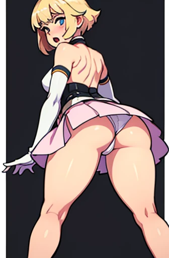 masterpiece, best quality, def_louise, blonde hair, bare legs, long legs, thick thighs, elbow gloves, white footwear, shoulder armor, belt, skirt, short skirt, miniskirt, pink skirt, tight skirt, asymmetrical gloves, short dress, breastplate, white gloves, dress, embarrassed, blush, open mouth, looking back, from behind, microskirt, ass, no panties