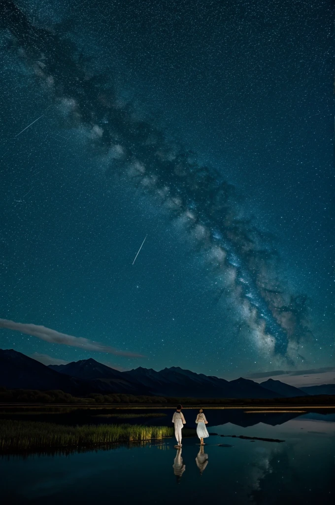 a starry sky, with the moon and her maidens walking over a lagoon 