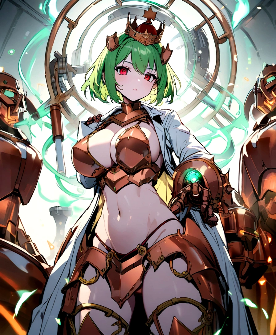 Copper bikini armor, copper crown, bare belly, big breasts, green hair, red eyes, bikini armor, copper, copper automaton, technology, scientist coat