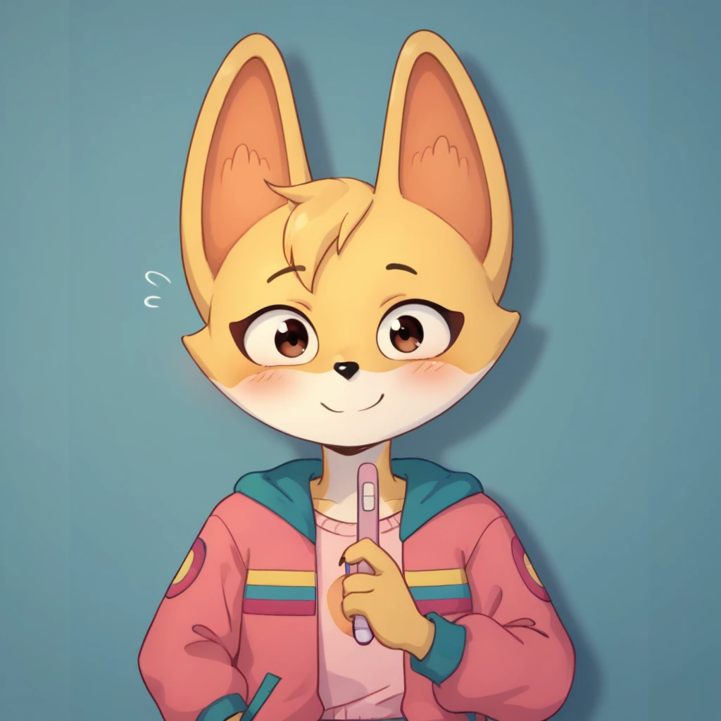 score_9, score_8_up, score_7_up, score_6_up, score_5_up, score_4_up, kit casey, fox, anthro, female, furry, holding pregnancy test, looking at viewer, headshot, blush, shy, smile, pink jacket, shirt, solo