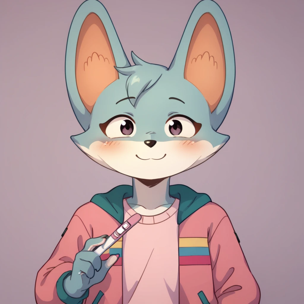 score_9, score_8_up, score_7_up, score_6_up, score_5_up, score_4_up, kit casey, fox, anthro, female, furry, holding pregnancy test, looking at viewer, headshot, blush, shy, smile, pink jacket, shirt, solo