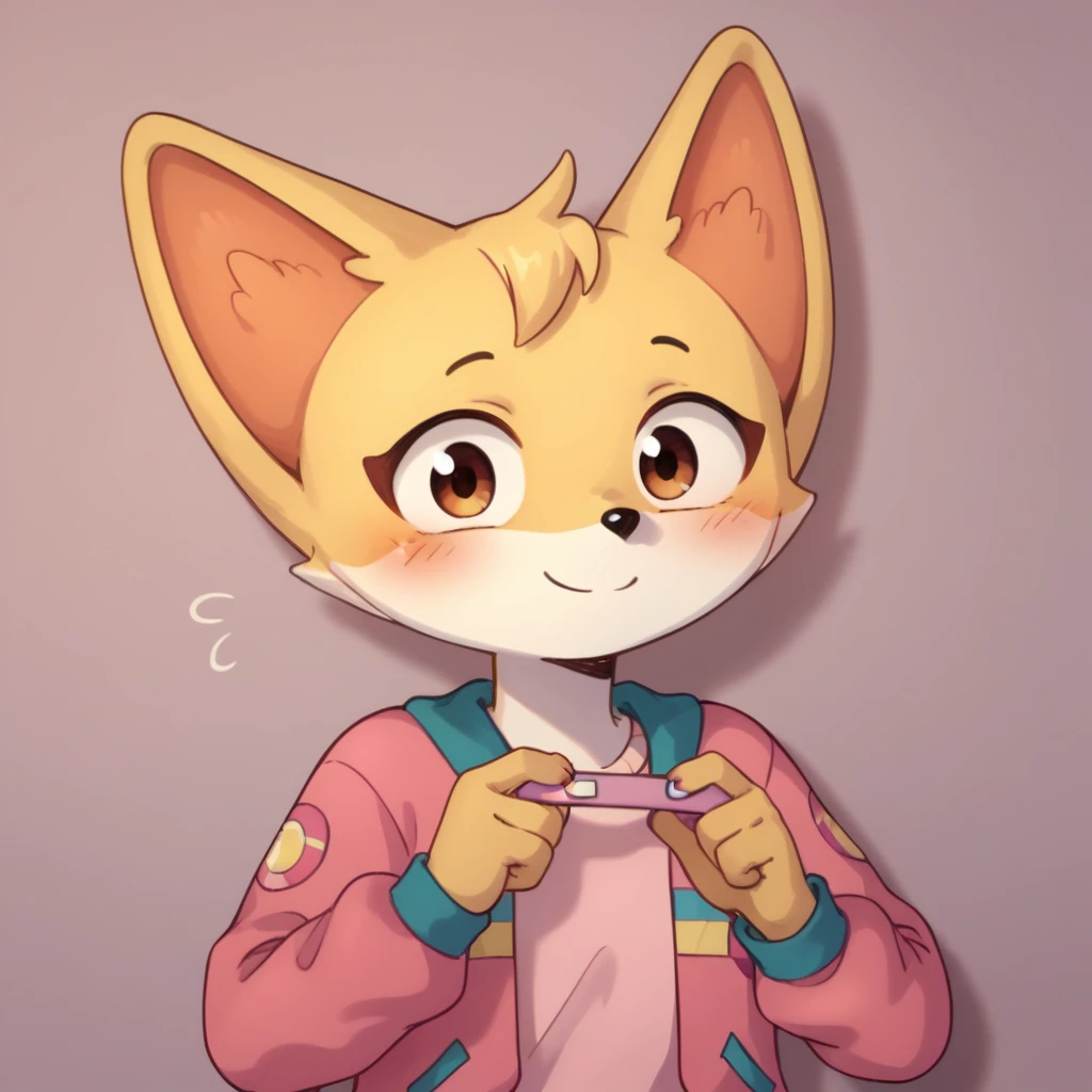 score_9, score_8_up, score_7_up, score_6_up, score_5_up, score_4_up, kit casey, fox, anthro, female, furry, holding pregnancy test, looking at viewer, headshot, blush, shy, smile, pink jacket, shirt, solo