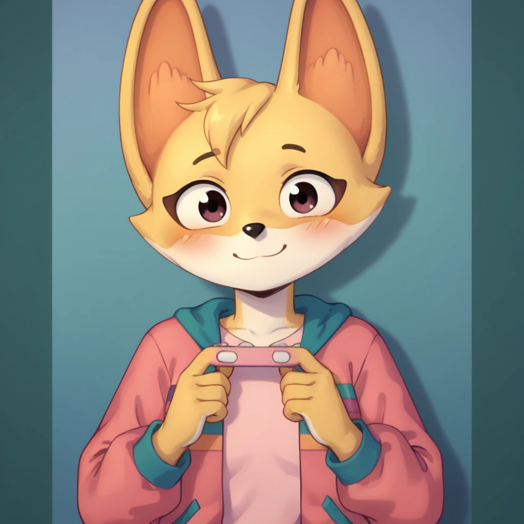 score_9, score_8_up, score_7_up, score_6_up, score_5_up, score_4_up, kit casey, fox, anthro, female, furry, holding pregnancy test, looking at viewer, headshot, blush, shy, smile, pink jacket, shirt, solo