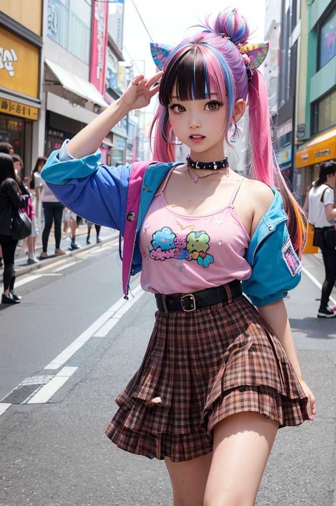 photorealistic,(4k,masterpiece, best quality,ultra highres),
1girl,cute face,tween,kawaii,(random color hair,multicolored hair:1.2),(harajuku-style decora punk fashion:1.5),(girl with layered colorful clothing:1.3),(multiple hair clips),knee-high socks with different patterns),carrigyng a pulshie,standing at harajuku street,dynamic angle,(cowboy shot:1.0),happily,pose,BREAK.beautiful detailed teeth, eyes with large brown irises, small mouth, fresh lips, tall , nose blush, medium breasts ,