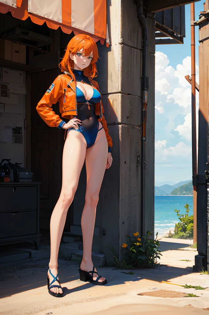 1woman, orange hair, blue eyes, bikini, standing on ground, high res, ultra sharp, 8K, masterpiece