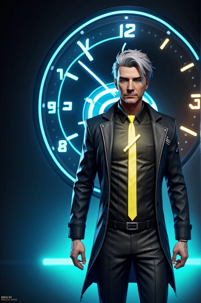 male character, gray hair with neon ligh blue and yellow, human, clocks and time theme, fullbody, identity V style