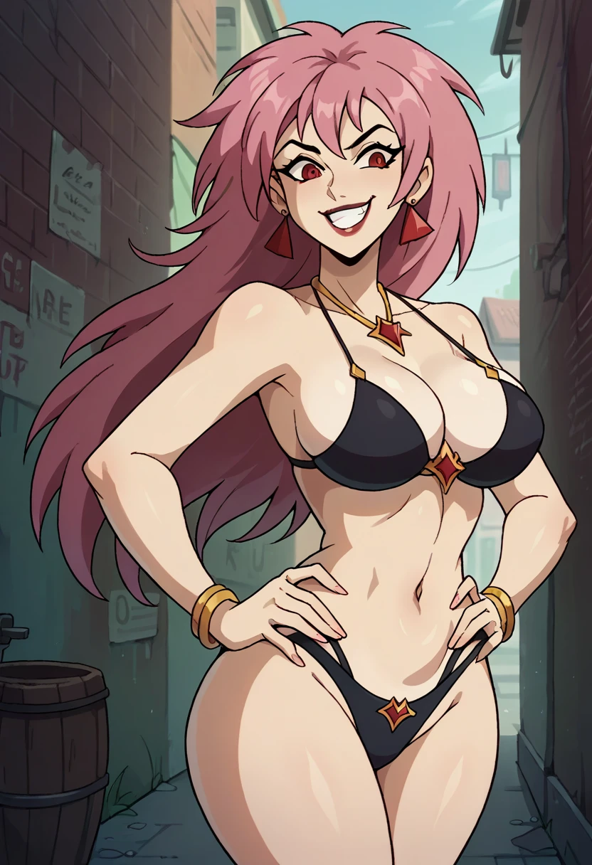 Masterpiece, best quality, Masterpiece, best quality, 1 woman , pink hair , red eyes , sly face , smile , black bikini , big breasts , abdomen , Put your hands on your hips. , alley ,