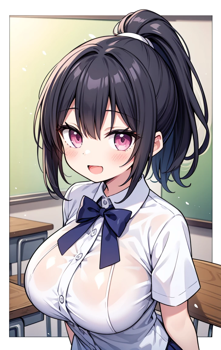 (Pieces fly, Highest quality, High resolution, Ticker, Pixel perfect, Depth of written border, In 4K),
1 Girl, alone, , Beautiful Anime Girls,
View your viewers,
Perfect body,
short hair, Black Hair, Pink Eyes,
smile, Open your mouth, blush,
JK Huge , White shirt, big , Blue Ribbon,
classroom,
throw, Close-up shot, ponytail