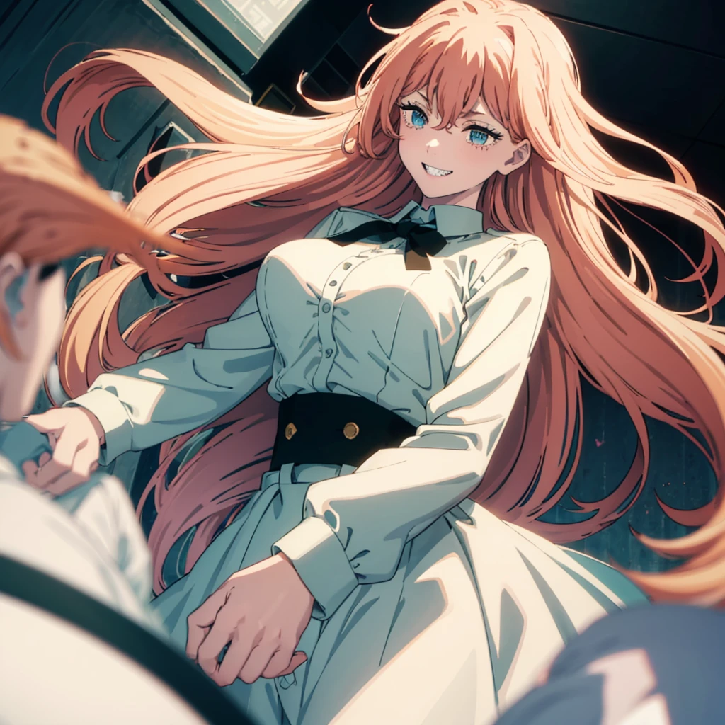1womanl, long hair, pink  hair, blue colored eyes, Grinning (dentes pontudos), hand on the waist,white blouse with a black tie, (big boobies), citys 