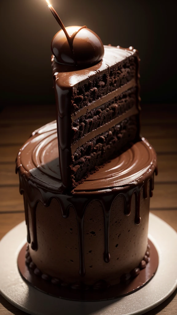 a chocolate cake, delicious chocolate cake, chocolate cake with chocolate frosting, 3D render, extremely detailed, photorealistic, ultra-detailed, 8k, high quality, masterpiece, realistic lighting, dramatic lighting, warm colors, rich colors, luscious texture, smooth surface, glossy, shiny, appetizing, tempting, mouthwatering