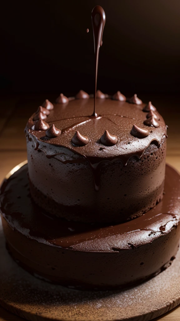 a chocolate cake, delicious chocolate cake, chocolate cake with chocolate frosting, 3D render, extremely detailed, photorealistic, ultra-detailed, 8k, high quality, masterpiece, realistic lighting, dramatic lighting, warm colors, rich colors, luscious texture, smooth surface, glossy, shiny, appetizing, tempting, mouthwatering