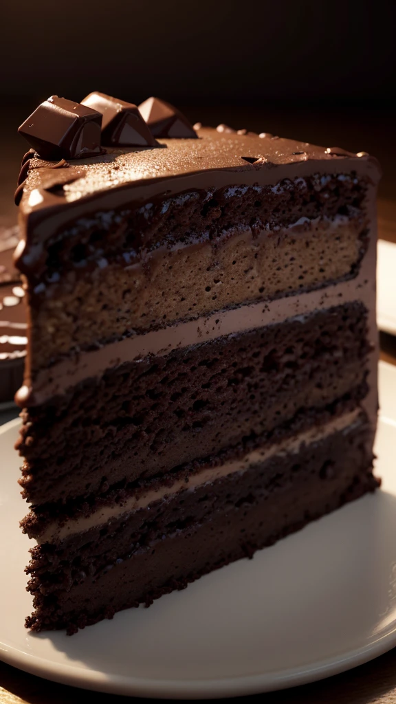 a chocolate cake, delicious chocolate cake, chocolate cake with chocolate frosting, 3D render, extremely detailed, photorealistic, ultra-detailed, 8k, high quality, masterpiece, realistic lighting, dramatic lighting, warm colors, rich colors, luscious texture, smooth surface, glossy, shiny, appetizing, tempting, mouthwatering