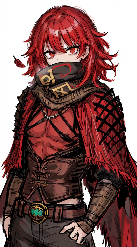 1boy, angry face, scarf, red eyes,feather, bandit clothes, mercenary, red hair, wavy hair, cape, 
beautiful clothes, (high resolution, high detail, best quality), solo, big chest, sfw