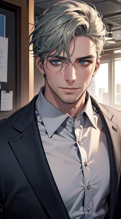 (best quality,4k,8k,highres,masterpiece:1.2),ultra-detailed,(realistic,photorealistic,photo-realistic:1.37),1 man,31 years old,mature man,very handsome,without expression,smile,short grey green hair,blue eyes,penetrating gaze,perfect face without errors,imposing posture,businessman,office background,cinematic lighting,hdr image