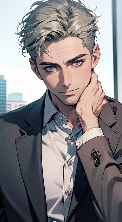 (best quality,4k,8k,highres,masterpiece:1.2),ultra-detailed,(realistic,photorealistic,photo-realistic:1.37),1 man,31 years old,mature man,very handsome,without expression,smile,short grey green hair,blue eyes,penetrating gaze,perfect face without errors,imposing posture,businessman,office background,cinematic lighting,hdr image