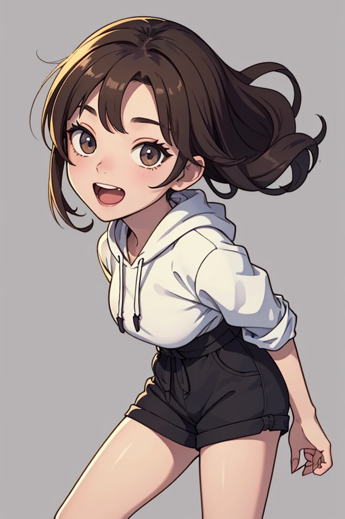 (((masterpiece, best quality, ultra highres, 1 girl, solo, no background))), super detailed skin and face and eyes and finger, beautiful japanese woman, small breasts:1.5, skinny, light brown hair, white background, very short curly pixie hair, (an illustration of girl), Knee shot, Generate with illustrations, Various expressions, Various poses, Please draw the entire character within the frame, ensuring that the head, arms, and legs are not cut off. The background should be simple, with the character positioned centrally, outline, anime, hoodie, laugh,