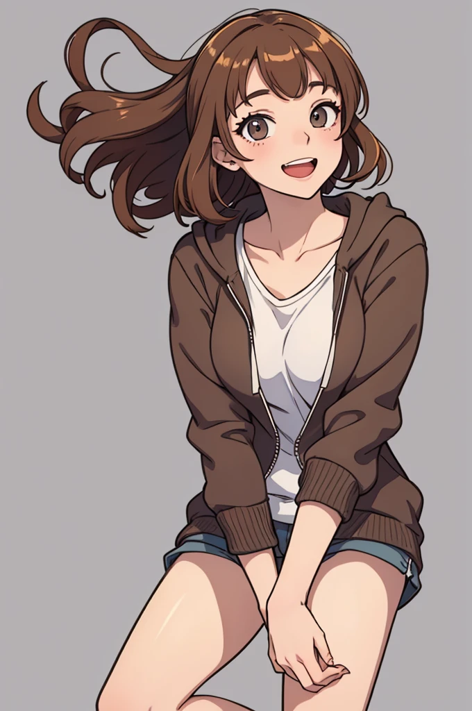 (((masterpiece, best quality, ultra highres, 1 girl, solo, no background))), super detailed skin and face and eyes and finger, beautiful japanese woman, small breasts:1.5, skinny, light brown hair, white background, very short curly pixie hair, (an illustration of girl), Knee shot, Generate with illustrations, Various expressions, Various poses, Please draw the entire character within the frame, ensuring that the head, arms, and legs are not cut off. The background should be simple, with the character positioned centrally, outline, anime, hoodie, laugh,
