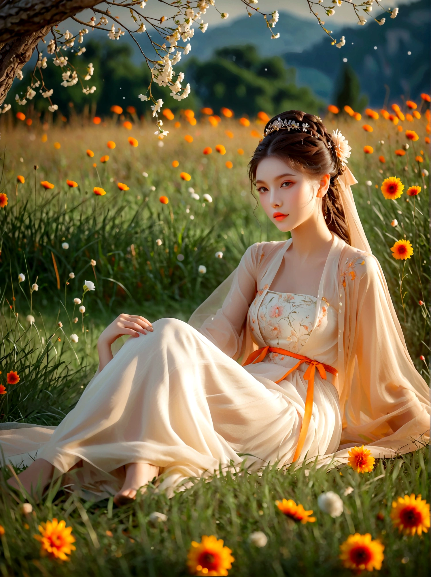 Summer, Lesser Heat, Hot Sun, 1girl, ((beautiful eyes)), ((Perfect and refined limbs)), Sitting, on the grass, tent, flower, outdoor, Tree, landscape, daytime, Sky, cloud, Grass, Orange Blossom, White Flowers, nature, Vague, safflower, (masterpiece, Best quality:1.2), lifelike, Reality, Dreamy light, Intricate details, Ultra Detailed, detail, High contrast, Beautiful and delicate light, Bright, more details, Fine light, very fine 8K CG wallpaper, Abuse of color difference, Very delicate light, Glare, Light, Light Particles, reflection, Depth of Field, Soft colors, Surrealism, Romanticism, Classicism, anatomically correct, textured skin, award winning, 8k