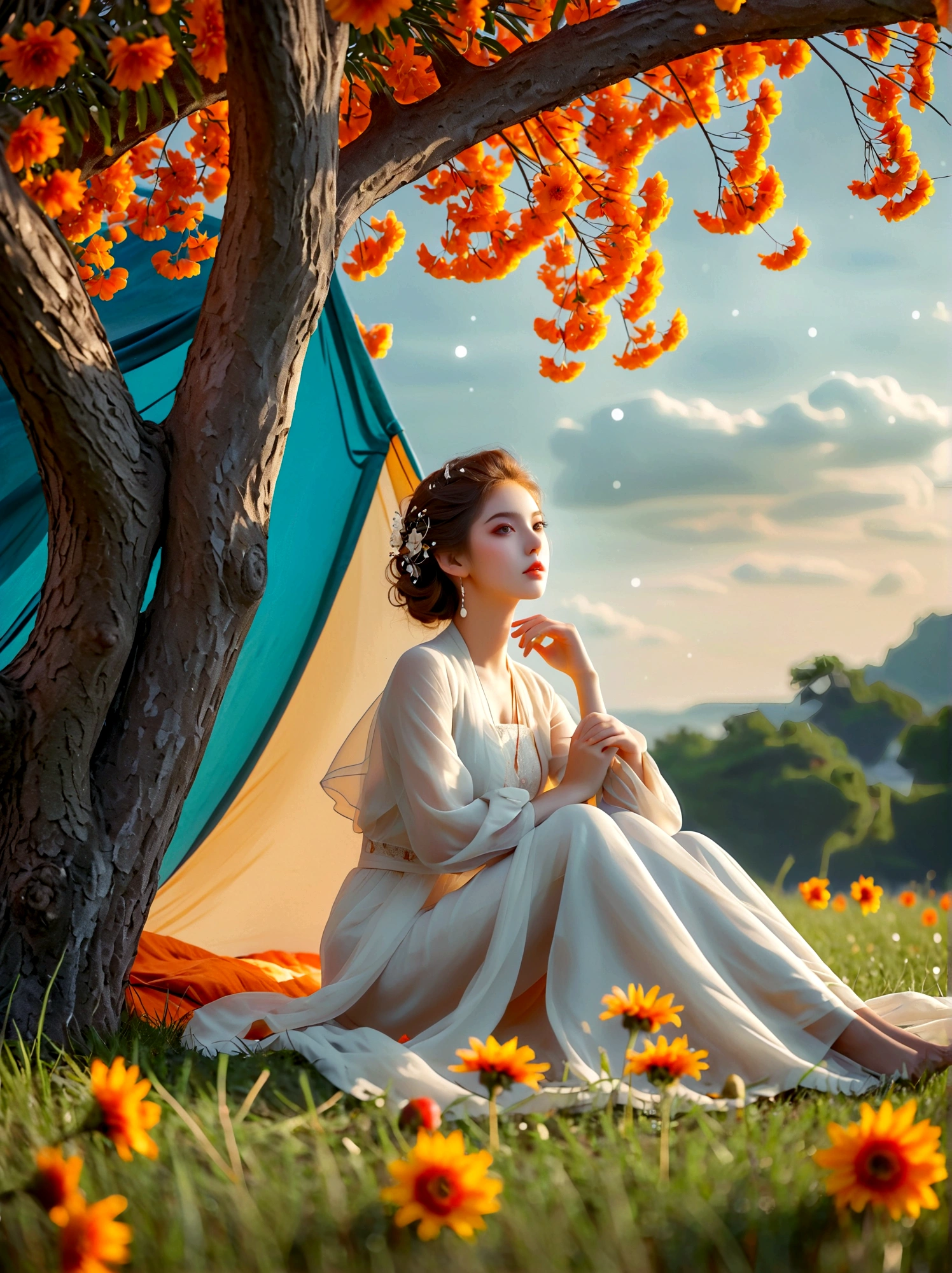 Summer, Lesser Heat, Hot Sun, 1girl, ((beautiful eyes)), ((Perfect and refined limbs)), Sitting, on the grass, tent, flower, outdoor, Tree, landscape, daytime, Sky, cloud, Grass, Orange Blossom, White Flowers, nature, Vague, safflower, (masterpiece, Best quality:1.2), lifelike, Reality, Dreamy light, Intricate details, Ultra Detailed, detail, High contrast, Beautiful and delicate light, Bright, more details, Fine light, very fine 8K CG wallpaper, Abuse of color difference, Very delicate light, Glare, Light, Light Particles, reflection, Depth of Field, Soft colors, Surrealism, Romanticism, Classicism, anatomically correct, textured skin, award winning, 8k