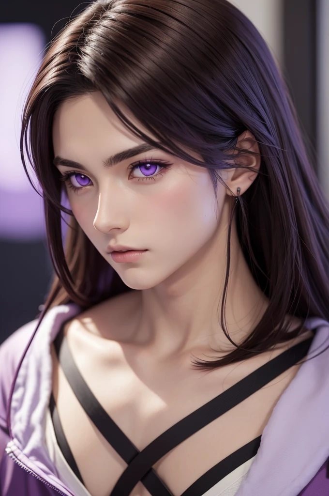 A brunette male anime figure with purple eyes