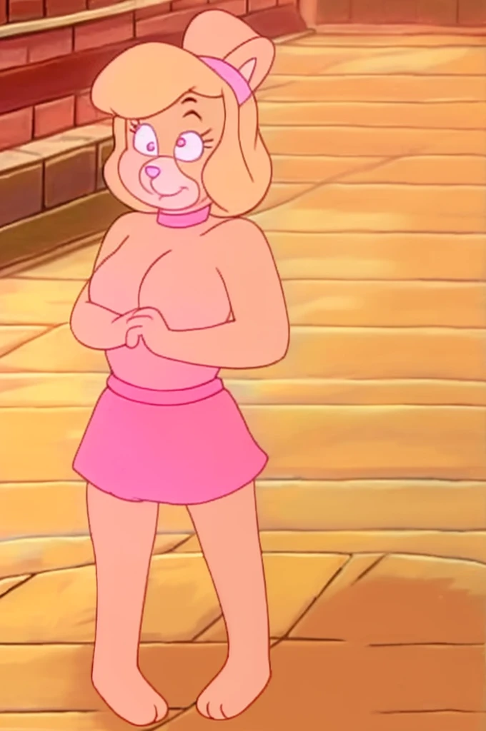 Furry Yellow bunny with white eyes with hot pink pupil and pink collar with a heart, with mat instead of chest without clothes just a skirt cartoonish Hanna-Barbera type, Women, Mexican pink volume skirt, BALD, with her hands holding the skirt, solo, short hair
