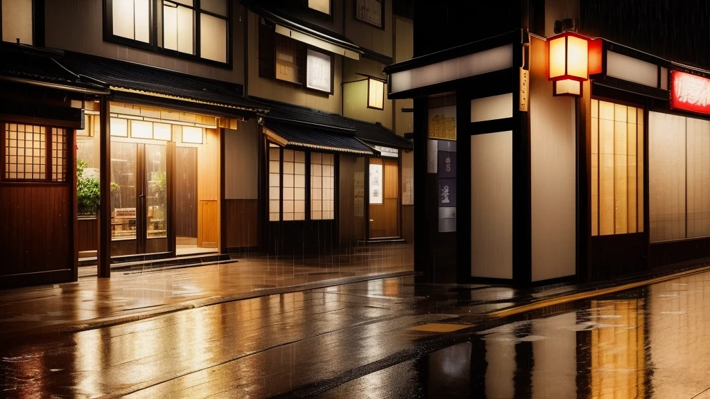On the quiet streets of Japan,A late-night restaurant stands quietly on the street corner。There is a small lantern hanging at the entrance of the canteen.,The faint light appears particularly warm in the night。The canteen door is half open,Through the crack in the door, you can vaguely see the scene inside。 Rain drops down the eaves onto the ground,Makes a gentle ticking sound,It seems to add a melodious rhythm to this quiet night.。From time to time, pedestrians hurriedly walked by holding umbrellas.,Their figures cast mottled shadows under the street lights,Short and hurried。 The entire Japanese street scene looks particularly peaceful and beautiful on a rainy night。The warm lights of the late night restaurant,The soft music inside is like a delicate background music,Adds a touch of warmth and tranquility to this tranquility。this moment,Everything on the street seemed to be still.,Only the sound of rain and the faint light interweave into a quiet and pleasant picture in the night.,Makes people stop,Enjoy this unique night atmosphere。
