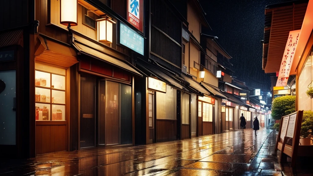 On the quiet streets of Japan，A late-night restaurant stands quietly on the street corner。There is a small lantern hanging at the entrance of the canteen.，The faint light appears particularly warm in the night。The canteen door is half open，Through the crack in the door, you can vaguely see the scene inside。 Rain drops down the eaves onto the ground，Makes a gentle ticking sound，It seems to add a melodious rhythm to this quiet night.。From time to time, pedestrians hurriedly walked by holding umbrellas.，Their figures cast mottled shadows under the street lights，Short and hurried。 The entire Japanese street scene looks particularly peaceful and beautiful on a rainy night。The warm lights of the late night restaurant，The soft music inside is like a delicate background music，Adds a touch of warmth and tranquility to this tranquility。this moment，Everything on the street seemed to be still.，Only the sound of rain and the faint light interweave into a quiet and pleasant picture in the night.，Makes people stop，Enjoy this unique night atmosphere。
