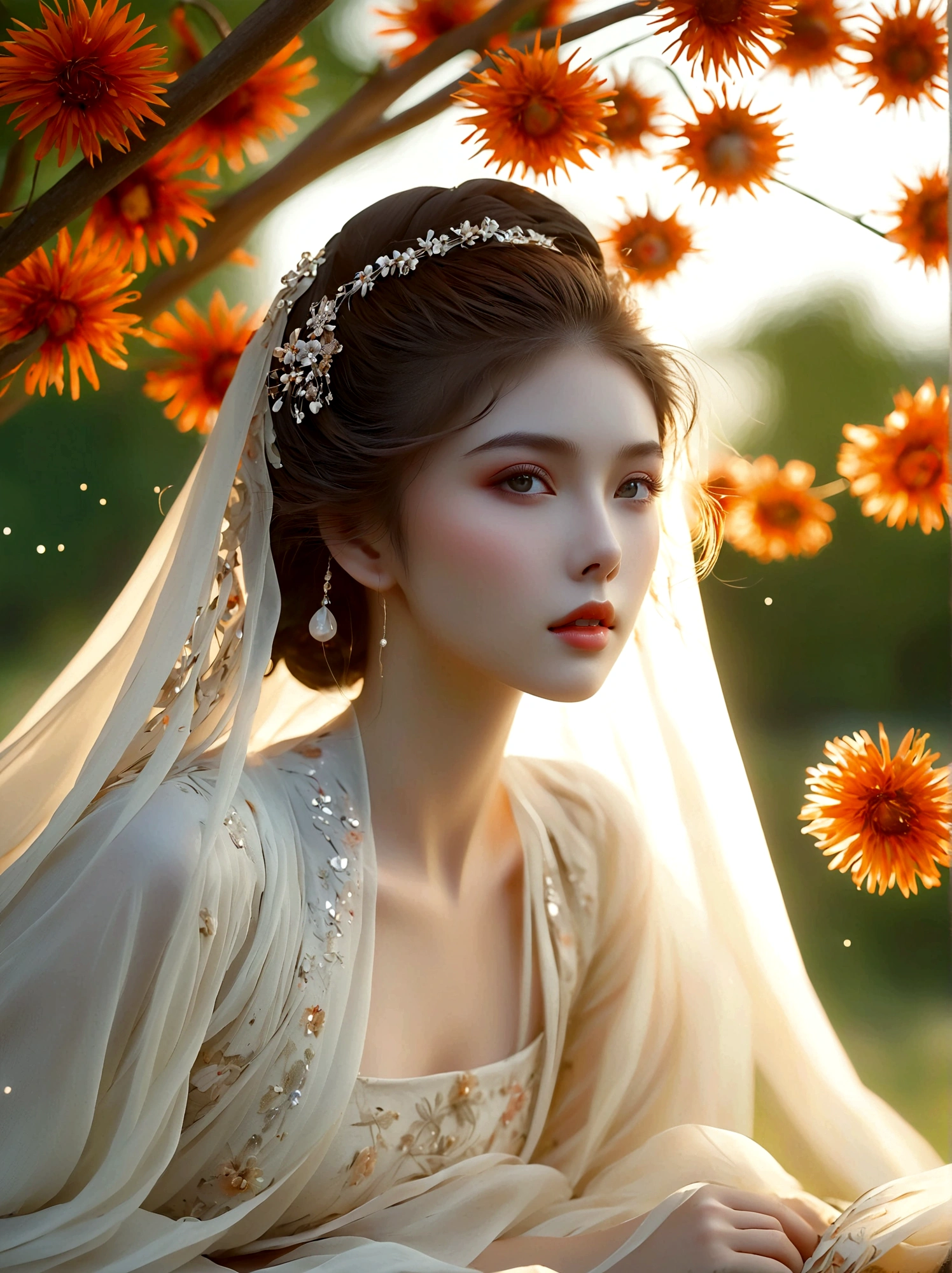 Summer, Lesser Heat, Hot Sun, 1girl, ((beautiful eyes)), ((Perfect and refined limbs)), Sitting, on the grass, tent, flower, outdoor, Tree, landscape, daytime, Sky, cloud, Grass, Orange Blossom, White Flowers, nature, Vague, safflower, (masterpiece, Best quality:1.2), lifelike, Reality, Dreamy light, Intricate details, Ultra Detailed, detail, High contrast, Beautiful and delicate light, Bright, more details, Fine light, very fine 8K CG wallpaper, Abuse of color difference, Very delicate light, Glare, Light, Light Particles, reflection, Depth of Field, Soft colors, Surrealism, Romanticism, Classicism, anatomically correct, textured skin, award winning, 8k