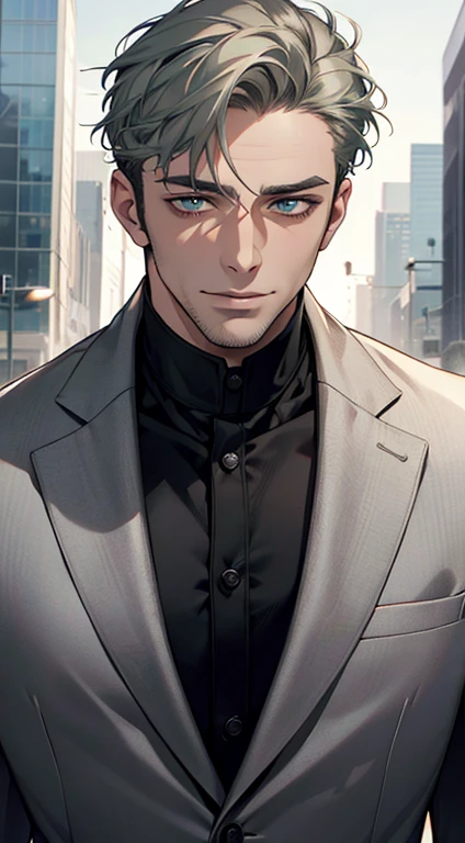(best quality,4k,8k,highres,masterpiece:1.2),ultra-detailed,(realistic,photorealistic,photo-realistic:1.37),1 man,31 years old,mature man,very handsome,without expression,smile,short grey green hair,blue eyes,penetrating gaze,perfect face without errors,imposing posture,businessman,office background,cinematic lighting,hdr image