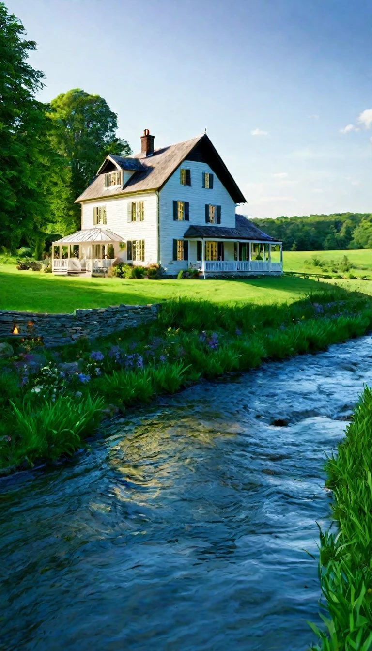 Country house beside flowing water 4k UHD 