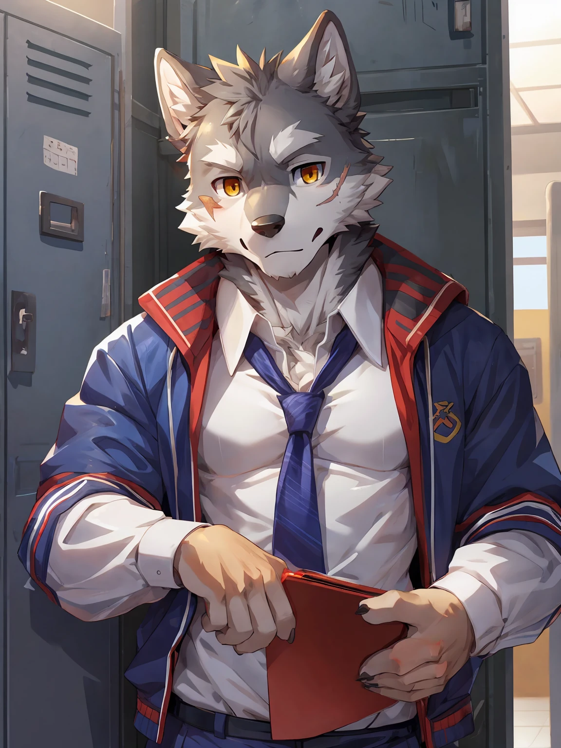 embedding:Gray wolf,Golden Eyes,Single Person,a scar on the face.Gray fur,High school students,Japanese school uniform,Scratch head,Standing by the school locker,Nervous,With his school uniform jacket in his hand,Male.Handsome,Smart,Best quality hands, best quality eye,detailed fur,Delicate eyes.Extreme picture quality,by sollyz,by zixiong,by null_ghost