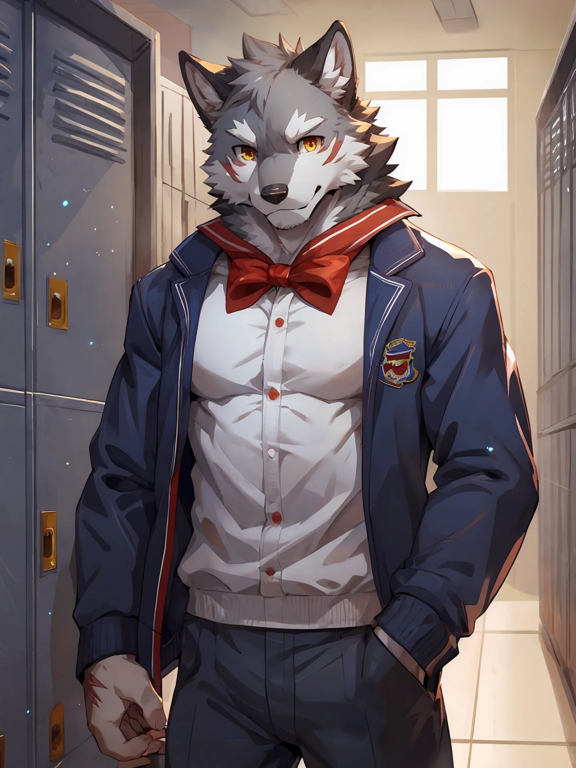 embedding:Gray wolf,Golden Eyes,Single Person,a scar on the face.Gray fur,High school students,Japanese school uniform,Scratch head,Standing by the school locker,Nervous,With his school uniform jacket in his hand,Male.Handsome,Smart,Best quality hands, best quality eye,detailed fur,Delicate eyes.Extreme picture quality,by sollyz,by zixiong,by null_ghost