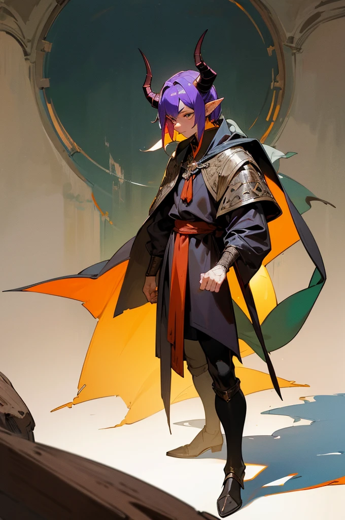 masterpiece, 1man, extremely detailed character, full body shot, best quality, dnd, dungeons and dragons, (Tiefling), (Warlock), colored skin, horns, pointy ears, medieval era, fantasy clothes, anime style, (medieval dark wizard outfit)
