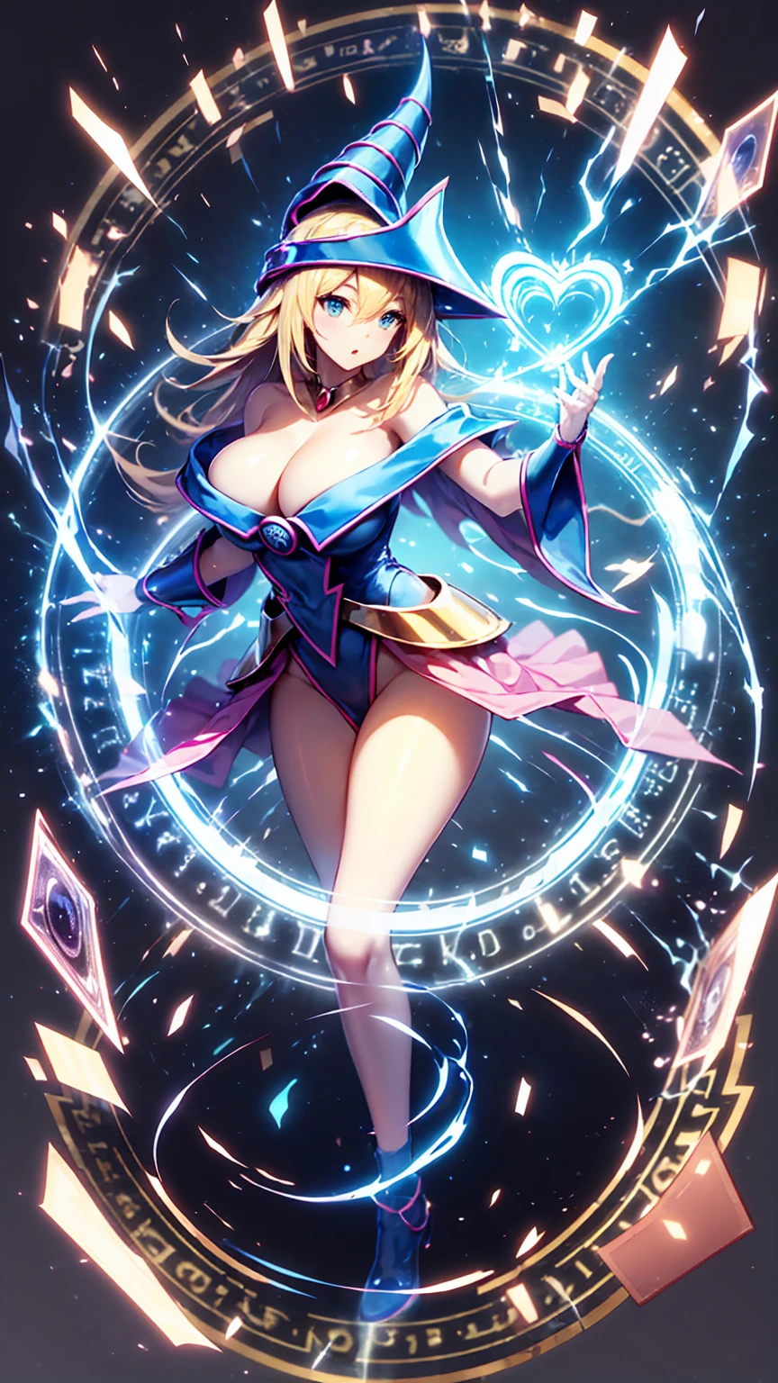 (masterpiece:1.2), (Highest quality:1.2), Perfect lighting, Black magician girl casting a spell, Floating in the air, Big Breasts, Neckline, Magic Background. Transparent heart floating in the air, Blue Robe, Big hat, From above, Shine, Yu-Gi-Oh cards in the background