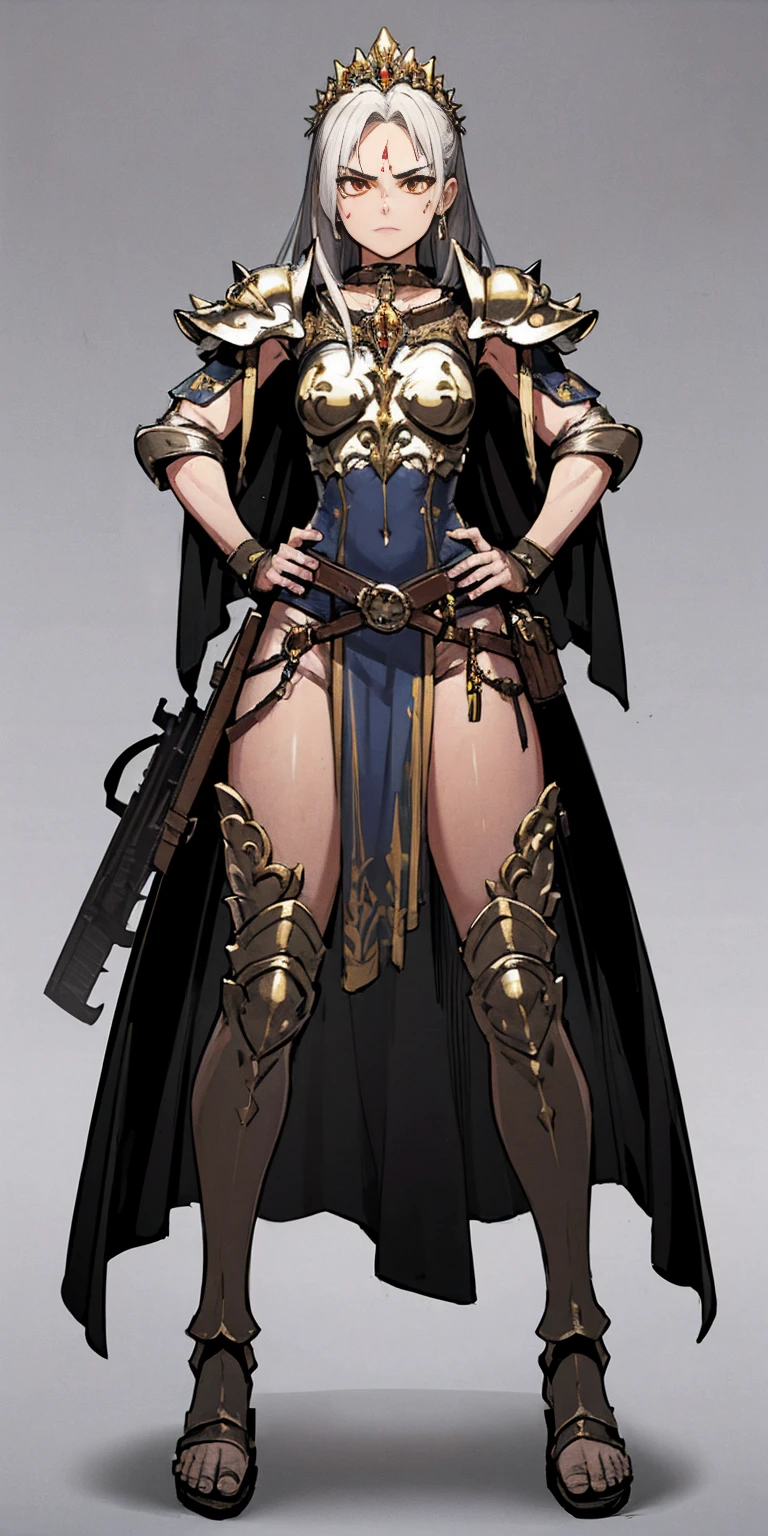 Subject:
1 Solo Female Gladiator
Pose:
Full body, whole body
Standing tall, hands on hips (conveying confidence)
Feet together, conveying a strong stance
View from slightly below, emphasizing her power
Clothing and Armor:
Loincloth (detailed and well-crafted, showcasing her warrior status)
Metal sandals, sturdy and battle-worn
Leather choker, adorned with a gladiator emblem or small spikes (optional)
Big belt, holding additional weapons or pouches (optional)
Bracers on forearms, for protection
Jewelry:
Tiara (can be simple and battle-ready, or adorned with feathers or gladiator symbols)
Additional Details:
Strong, defined muscles
Determined expression on her face
Optional: scars or other battle marks that tell a story of her victories