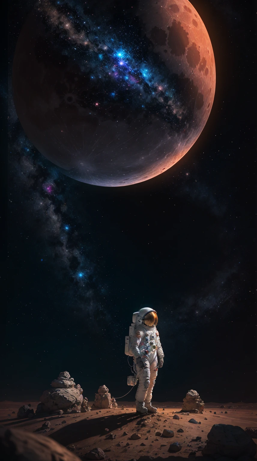 a woman in a futuristic space suit dancing on the moon:1.6, Astronaut helmet, standing on martian rocks, Twinkling stars in the distant sky, (Best Quality, 4k, 8k, high resolution, Masterpiece:1.2), ultra detailed, realist, photorealist, photo-realist:1.37, HDR, UHD, studio lighting, ultrafine paint, sharp focus, physically based rendering, extreme detailed description, professional, vivid colors, bokeh, Science fiction, conceptual art