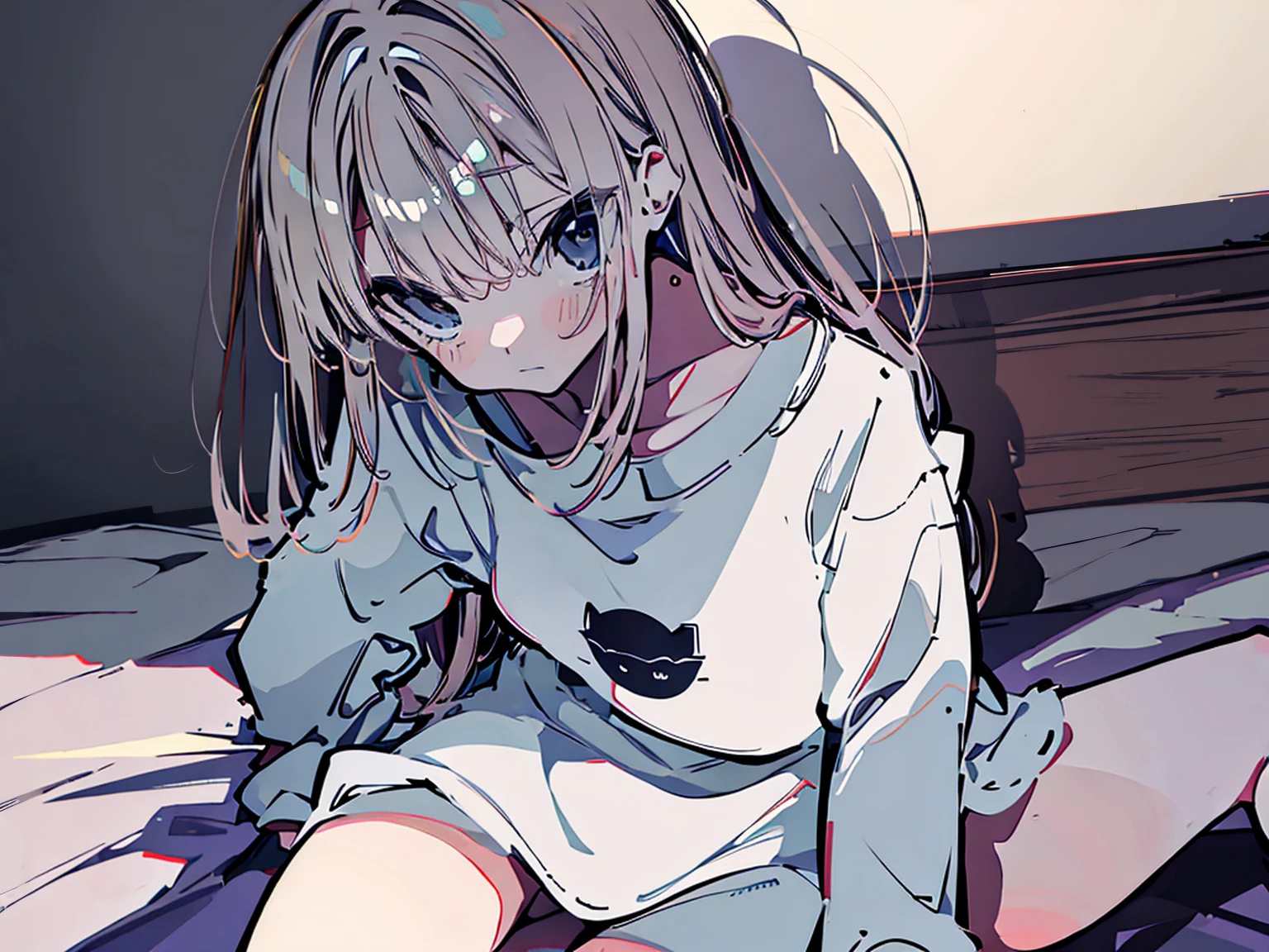 Create an ultra-detailed, best quality, high-resolution masterpiece sitting on bed with legs wide open, no pants, sweating, blush, perfect shadows, high quality shading, photorealistic,