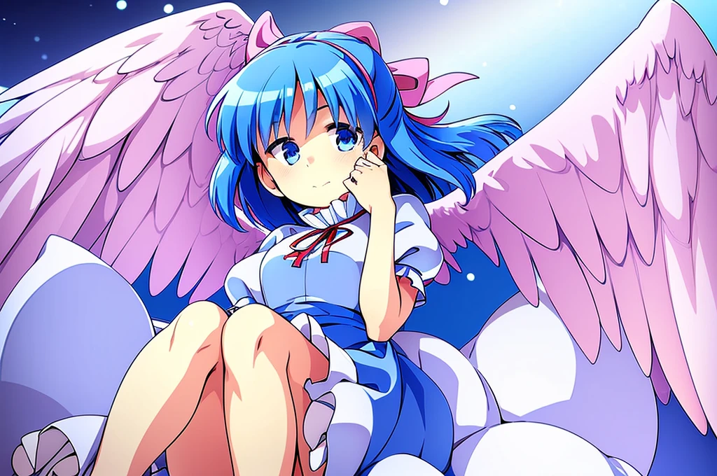 masterpiece, best quality, 1girl, , , 10 years old, medium blue hair, hair flaps, pink ribbon on head, well-formed face, blue eyes, angel girl, white blouse, puffy short sleeves, red ribbon, angel wings, long white skirt, red shoes, frills, ribbon head