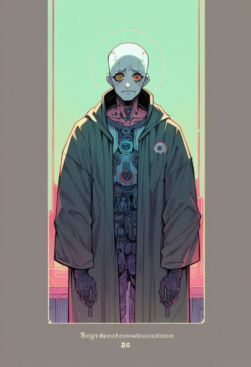 (Highest quality:1.3), (Top performance:1.2), (Best illustrations:1.2), (Comic book style:1.2), (Artistic Film Lighting:1.2) (1 person) Wearing futuristic technology cyberpunk electronic robe, His body is covered with metal parts, Horror movie-like background of a futuristic cyberpunk city.