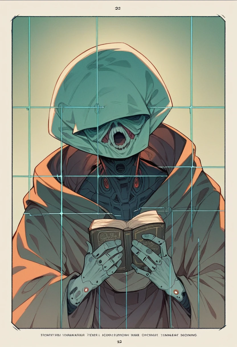 (Highest quality:1.3), (Top performance:1.2), (Best illustrations:1.2), (Comic book style:1.2), (Artistic Film Lighting:1.2) (1 person) Wearing futuristic technology cyberpunk electronic robe, His body is covered with metal parts, Horror movie-like background of a futuristic cyberpunk city.