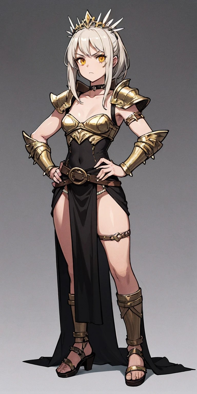 Subject:
1 Solo Female Gladiator
Pose:
Full body, whole body
Standing tall, hands on hips (conveying confidence)
Feet together, conveying a strong stance
View from slightly below, emphasizing her power
Clothing and Armor:
Loincloth (detailed and well-crafted, showcasing her warrior status)
Metal sandals, sturdy and battle-worn
Leather choker, adorned with a gladiator emblem or small spikes (optional)
Big belt, holding additional weapons or pouches (optional)
Bracers on forearms, for protection
Jewelry:
Tiara (can be simple and battle-ready, or adorned with feathers or gladiator symbols)
Additional Details:
Strong, defined muscles
Determined expression on her face
Optional: scars or other battle marks that tell a story of her victories