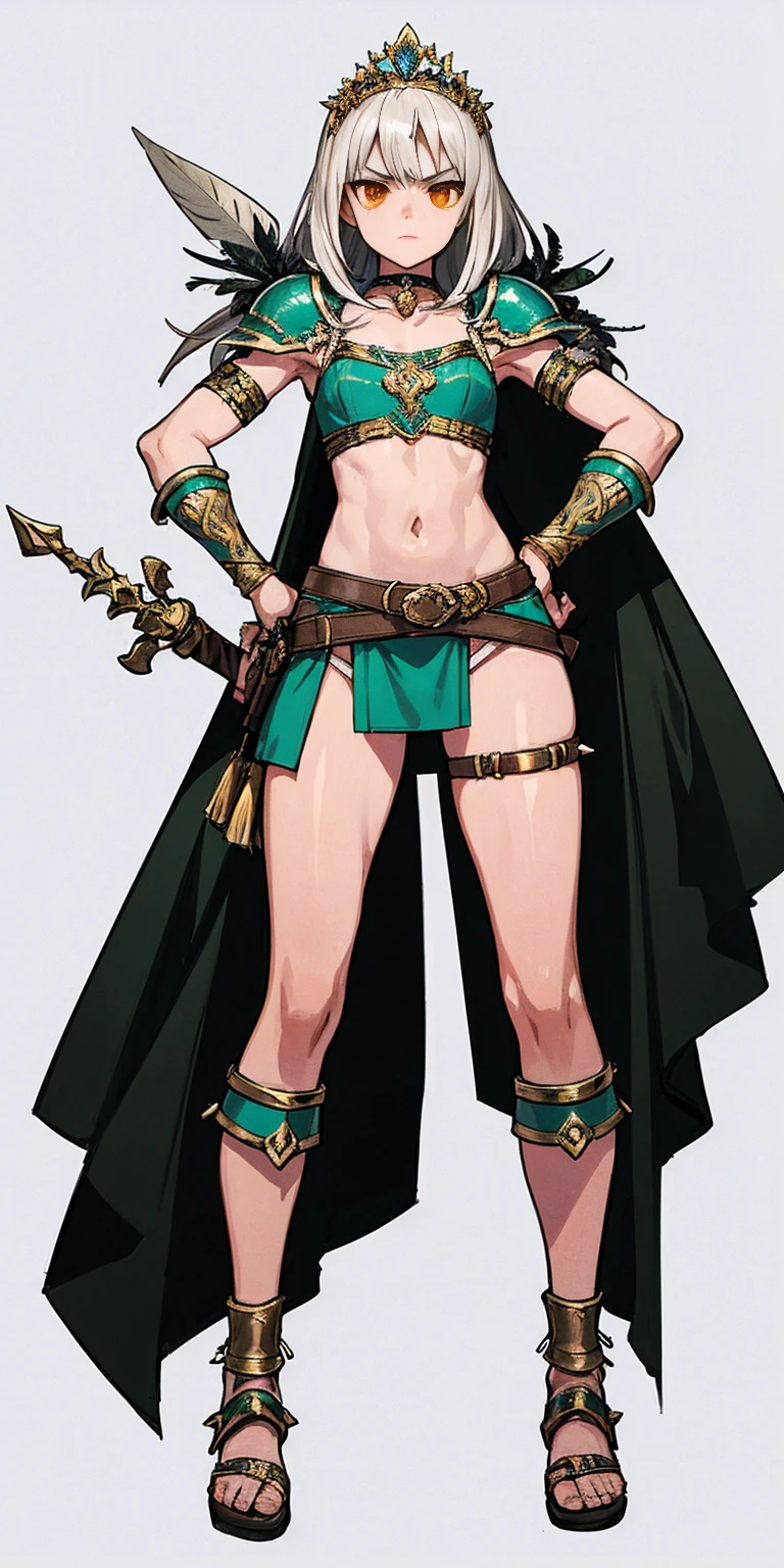 Subject:
1 Solo Female Gladiator
Pose:
Full body, whole body
Standing tall, hands on hips (conveying confidence)
Feet together, conveying a strong stance
View from slightly below, emphasizing her power
Clothing and Armor:
Loincloth (detailed and well-crafted, showcasing her warrior status)
Metal sandals, sturdy and battle-worn
Leather choker, adorned with a gladiator emblem or small spikes (optional)
Big belt, holding additional weapons or pouches (optional)
Bracers on forearms, for protection
Jewelry:
Tiara (can be simple and battle-ready, or adorned with feathers or gladiator symbols)
Additional Details:
Strong, defined muscles
Determined expression on her face
Optional: scars or other battle marks that tell a story of her victories