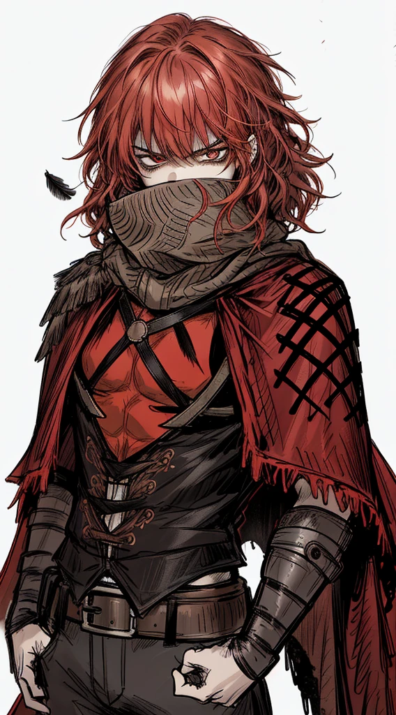 1boy, angry face, scarf, red eyes,feather, bandit clothes, mercenary, red hair, wavy hair, cape,
beautiful clothes, (high resolution, high detail, best quality), solo, big chest, sfw