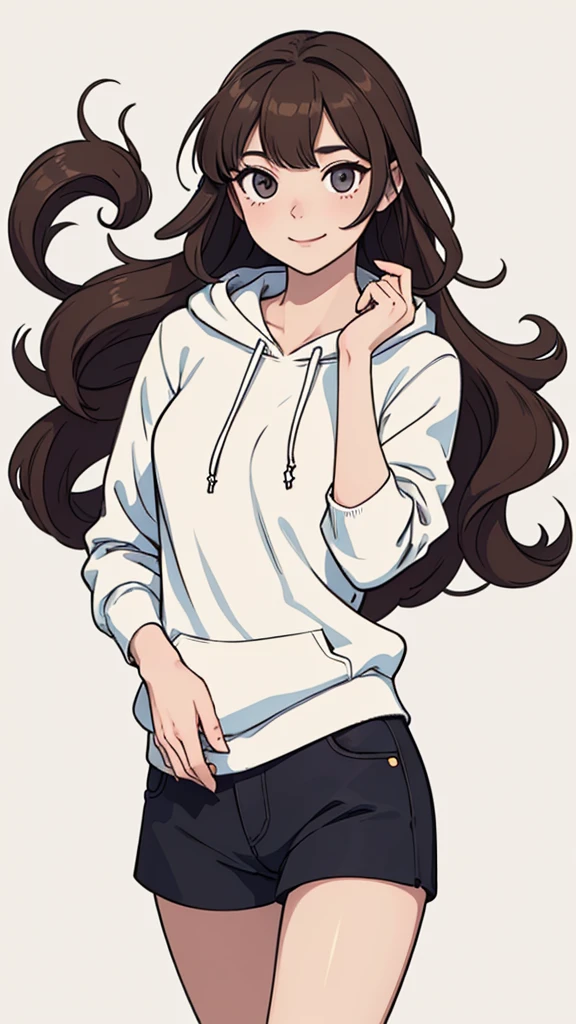 (((masterpiece, best quality, ultra highres, 1 girl, solo, no background))), super detailed skin and face and eyes and finger, beautiful japanese woman, small breasts:1.5, skinny, light brown hair, white background, very short curly pixie hair, (an illustration of girl), Knee shot, Generate with illustrations, Various expressions, Various poses, Please draw the entire character within the frame, ensuring that the head, arms, and legs are not cut off. The background should be simple, with the character positioned centrally, outline, anime, hoodie, laugh,