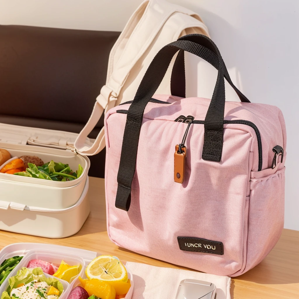 Someone put the lunch bag into the lunch box, Lunch Bag,, The full subject is shown in the photo, (Pink), - Hours 8 5 0 - Afternoon 6 0 0, Cute big pocket hardware, 8L, 8 l, Hours 576, There are two front pockets, the handbag is over a wood table, bl, 2020 fashion