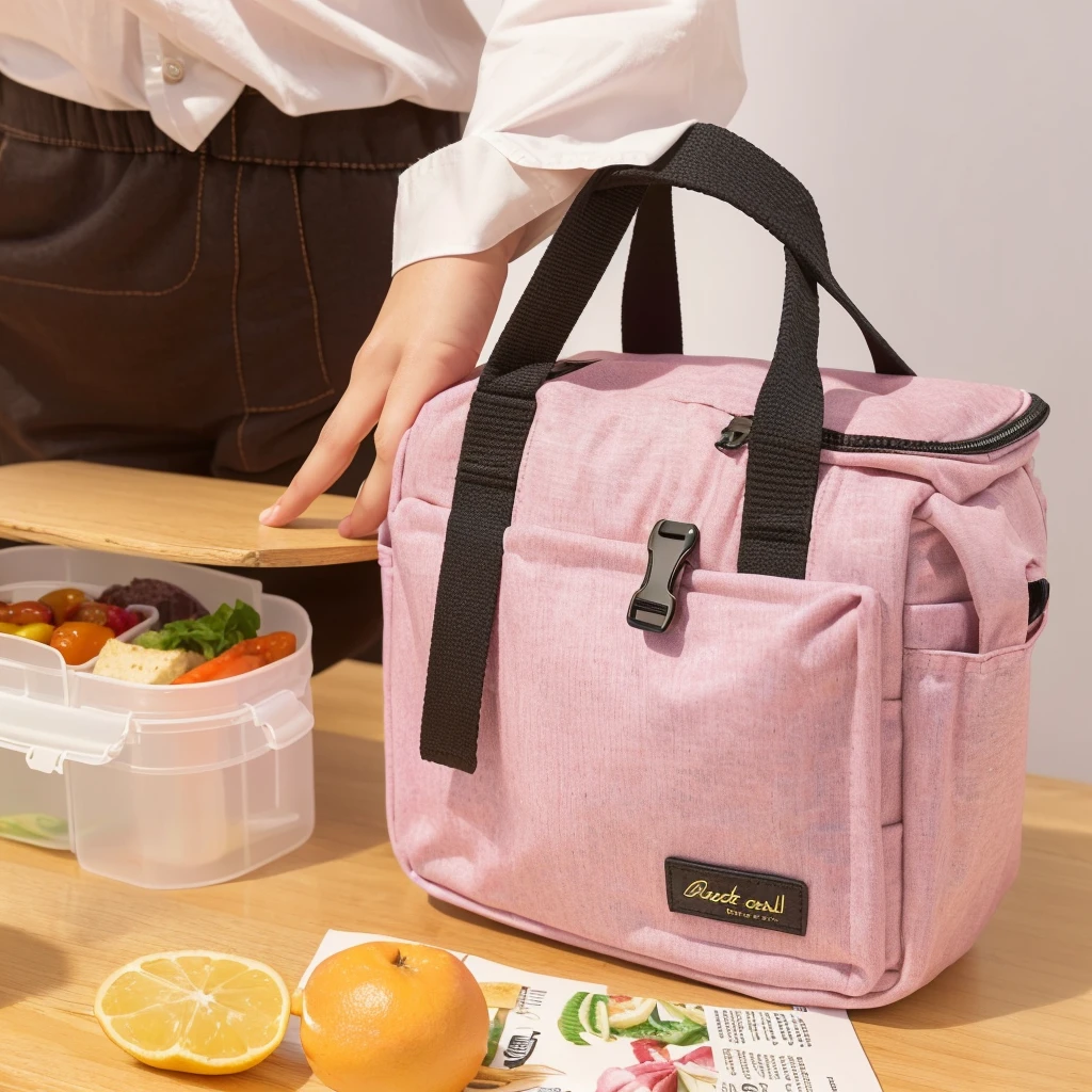 Someone put the lunch bag into the lunch box, Lunch Bag,, The full subject is shown in the photo, (Pink), - Hours 8 5 0 - Afternoon 6 0 0, Cute big pocket hardware, 8L, 8 l, Hours 576, There are two front pockets, the handbag is over a wood table, bl, 2020 fashion