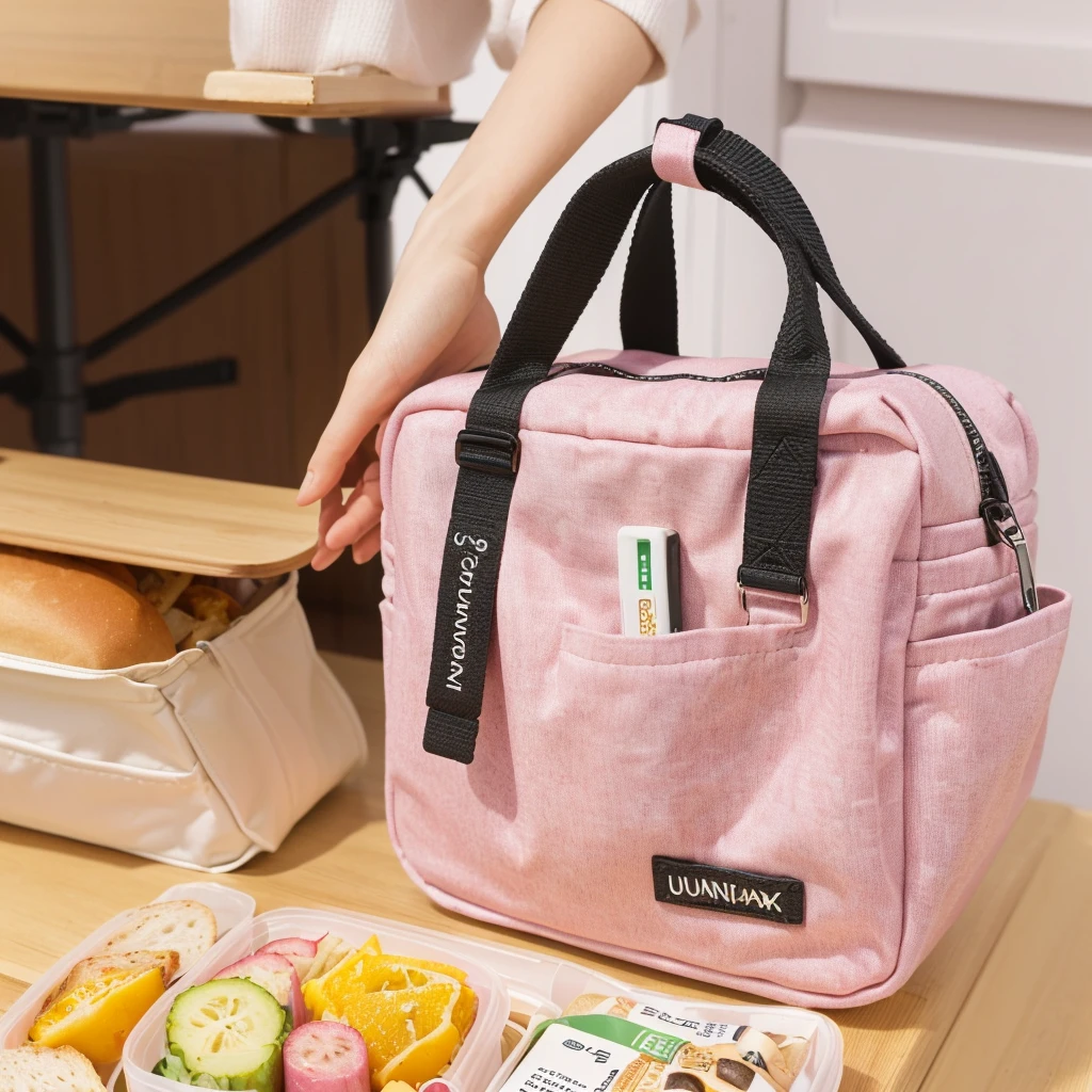 Someone put the lunch bag into the lunch box, Lunch Bag,, The full subject is shown in the photo, (Pink), - Hours 8 5 0 - Afternoon 6 0 0, Cute big pocket hardware, 8L, 8 l, Hours 576, There are two front pockets, the handbag is over a wood table, bl, 2020 fashion