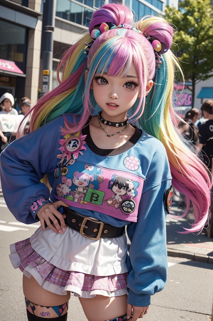 photorealistic,(4k,masterpiece, best quality,ultra highres),
1girl,cute face,teen,kawaii,(random color hair,multicolored hair:1.2),(harajuku-style decora punk fashion:1.5),(girl with layered colorful clothing:1.3),(multiple hair clips),knee-high socks with different patterns),carrigyng a pulshie,standing at harajuku street,dynamic angle,(cowboy shot:1.0),happily,pose,BREAK.beautiful detailed teeth, eyes with large brown irises, small mouth, fresh lips, tall , nose blush, medium breasts ,