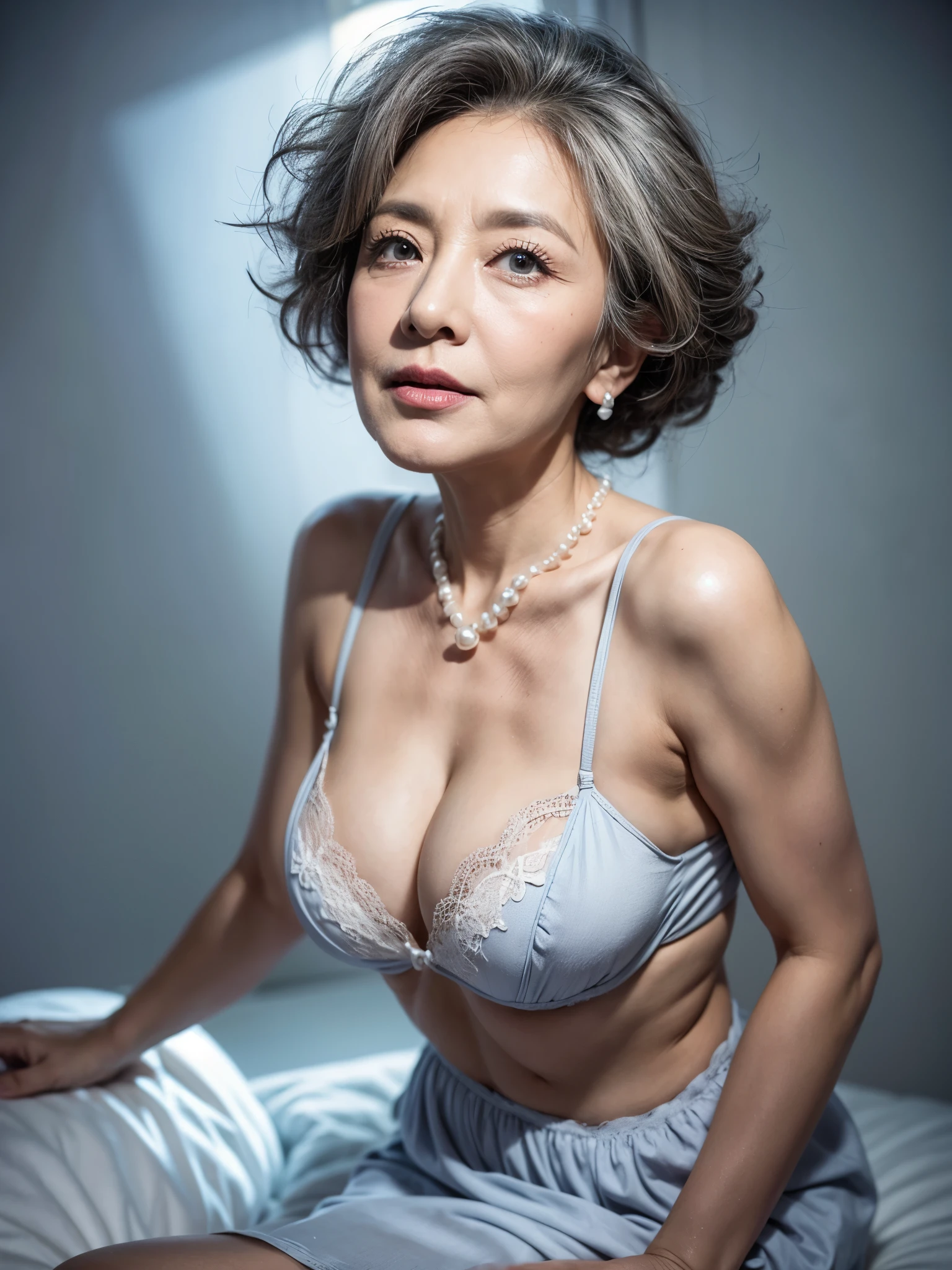 Beautiful elderly woman, cute,sexy,55 years old,,sexy,Wear a pearl necklace, old woman,Big saggy Breasts, Light blue revealing dress, White embroidered bra, Curly Hair, plain grey background, depth of field, f-stop 2.4